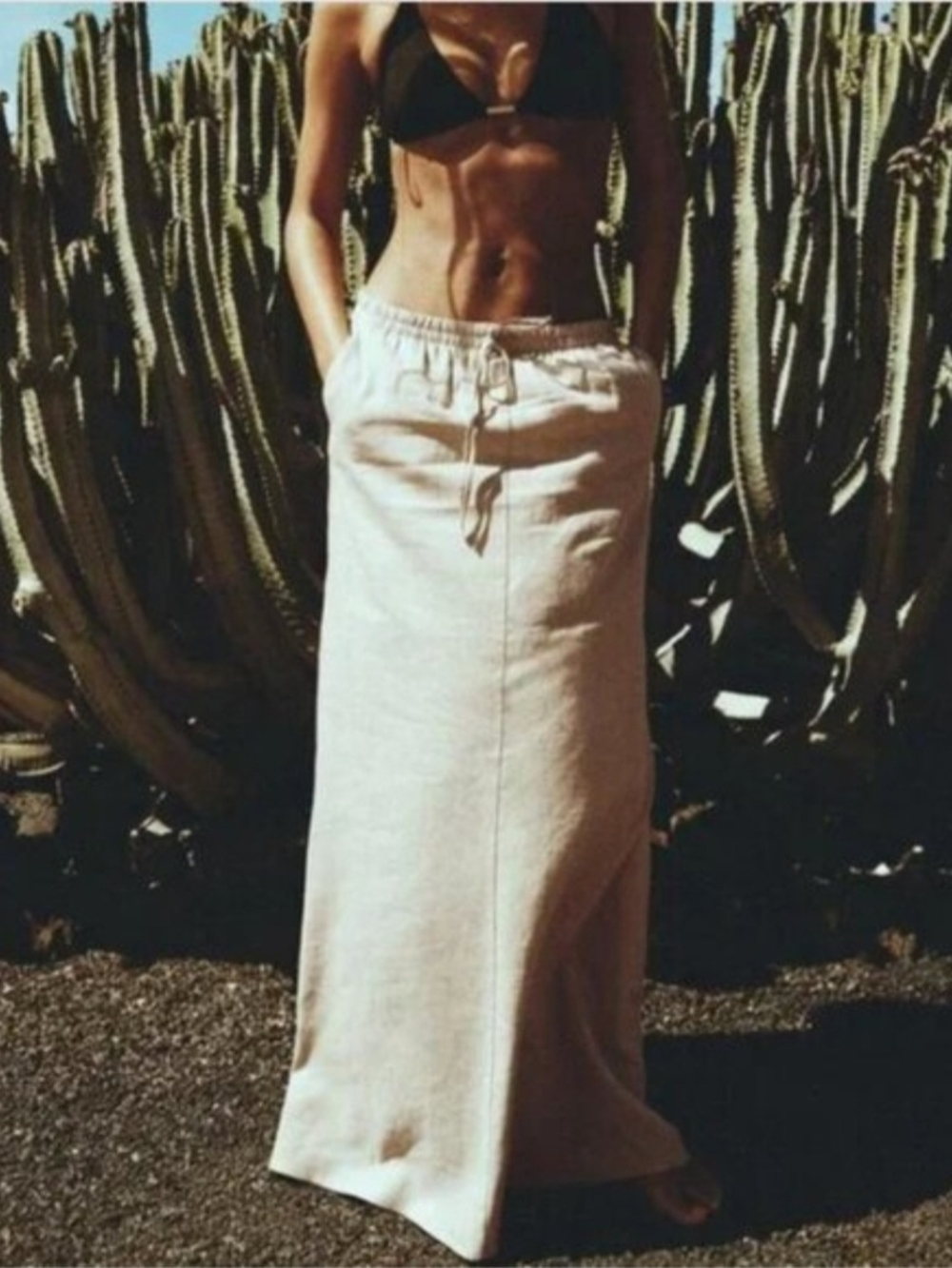 Zara Linen Blend Drawstring Maxi Skirt With Back Slit